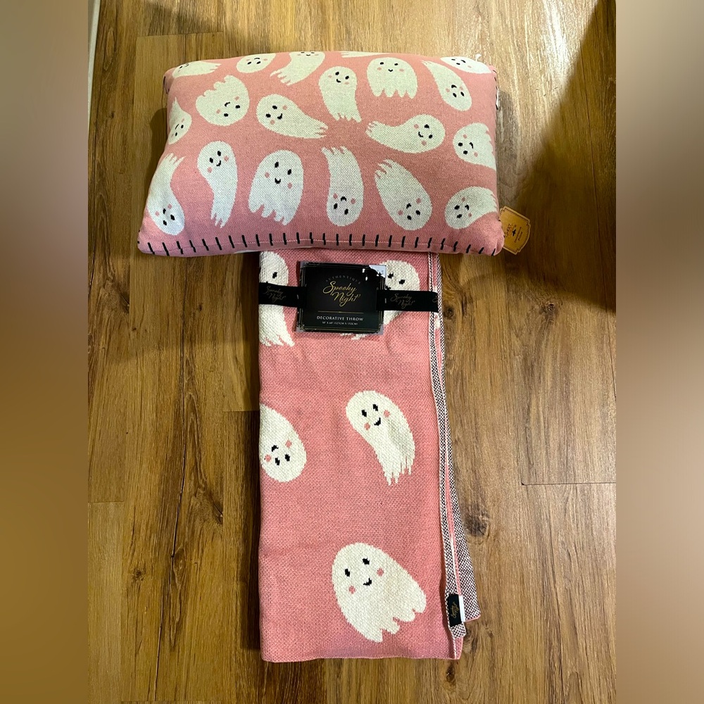 SOLD Pink Ghost Halloween Throw Blanket and Long Pillow
